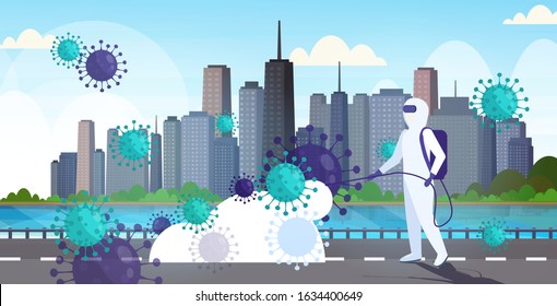 scientist in hazmat suit cleaning disinfecting coronavirus cells epidemic MERS-CoV virus wuhan 2019-nCoV pandemic health risk modern city street cityscape background horizontal vector illustration