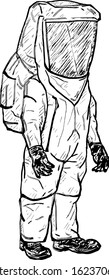 A scientist in a hazmat suit. Hand drawn vector illustration.  