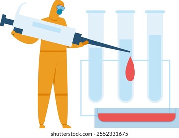 Científico en traje de materiales peligrosos inyecta líquido rojo en tubos de ensayo, con placa de Petri en primer plano, mostrando investigación de laboratorio o pruebas médicas