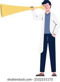 Cientista ouvindo. Busca de ideias. Homem de jaleco