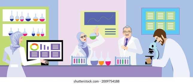 Scientist with Hijab working in muslim  laboratoty,  halal reaserch lab - Vector