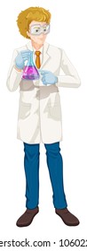 Scientist holding beaker on white background illustration