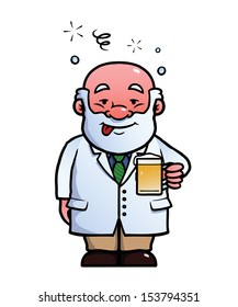 Scientist holding a beer while being drunk.