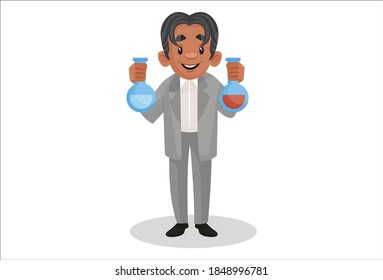 Scientist is holding the chemical bottles in hands. Vector graphic illustration. Individually on a white background.