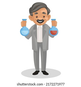 Scientist is holding the chemical bottles in hands. Vector graphic illustration. Individually on a white background. 