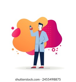 Scientist holding chemical flask. Lab assistant wearing white coat, man, chemist flat vector illustration. Medicine, laboratory, test concept for banner, website design or landing web page