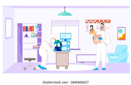 Scientist is holding a container with a dangerous virus inside. Man looking through a microscope. Coronavirus affects people. Industry concept. Safety and health. Chemist examines trace elements