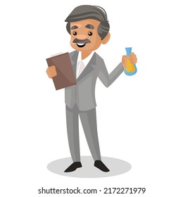 Scientist is holding file in one hand and chemical bottle in another hand. Vector graphic illustration. Individually on a white background.