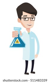 Scientist holding a flask with biohazard sign. Young smiling scientist in medical gown. Scientist showing a flask with some liquid in it. Vector flat design illustration isolated on white background.