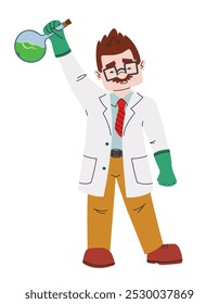 Scientist holding flask with chemical liquid. Male character in linear flat style.