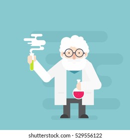 scientist holding flask. flat character. bearded professor
