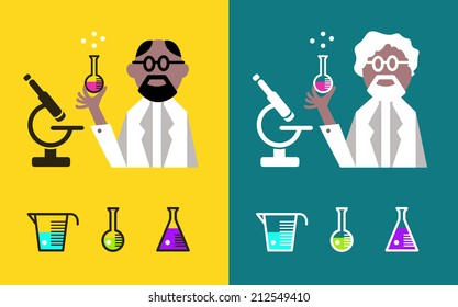 Scientist Holding A Flask With Fluids. flat character design. vector illustration 