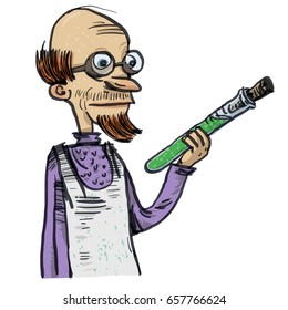 Scientist holding flask. Vector illustration