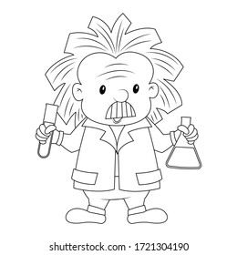 A scientist holding laboratory glassware vector illustration cartoon colorless for coloring page. Chemist holding test tube and conical flask. Old man scientist cute cartoon. 