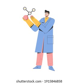 Scientist holding large model of molecular structure. Man in white coat doing research and studying of molecule. Scientific experiment. Vector character illustration isolated on white background