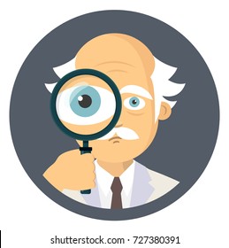 scientist holding magnifying glass flat design icon