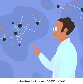 Scientist  holding molecules and analyzing it. Scientific research in genetic engineering, genomics. Flat cartoon vector illustration.