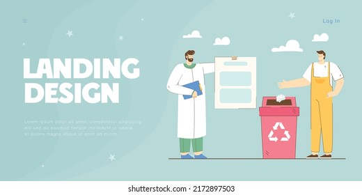 Scientist holding paper and worker throwing trash in container for recycling. Zero waste benefit flat vector illustration. Ecology, environment concept for banner, website design or landing web page