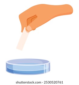 Cientista está segurando um pedaço de papel de torneira sobre uma placa de petri com líquido azul