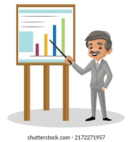 Scientist is holding a stick in hand and showing a graph chart. Vector graphic illustration. Individually on a white background.