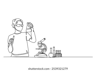 Scientist holding test tube in continuous one line drawing. Single line art illustration of Scientist and laboratory equipment. Editable vector.