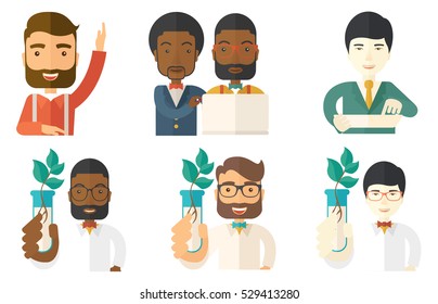 Scientist holding test tube with young plant. Scientist analyzing plant in test tube. Scientist holding test tube with sprout. Set of vector flat design illustrations isolated on white background.