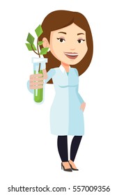 Scientist holding test tube with young sprout. Woman analyzing sprout in test tube. Laboratory assistant holding test tube with sprout. Vector flat design illustration isolated on white background.