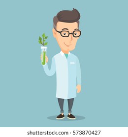 Scientist holding test tube with young sprout. Man analyzing sprout in test tube. Laboratory assistant in medical gown holding test tube with sprout. Vector flat design illustration. Square layout.