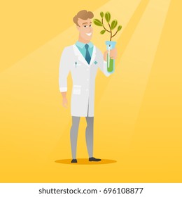 Scientist holding test tube with young sprout. Man analyzing sprout in test tube. Laboratory assistant in medical gown holding test tube with sprout. Vector flat design illustration. Square layout.