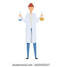 Scientist is holding two erlenmeyer flasks with chemical liquid, conducting an experiment in a laboratory setting