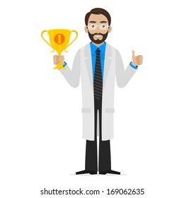 Scientist holds cup first place 