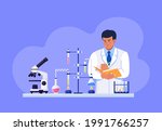 Scientist holds a folder in his hands and writes down the test data. Man is experimenting with equipment for vaccine discovery. Microbiologist working on antiviral treatment. Vector illustration