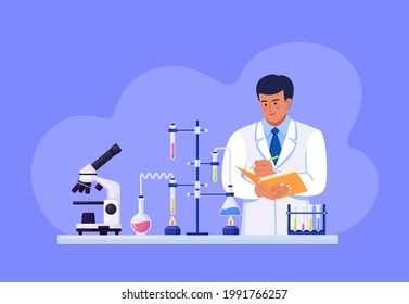 Scientist holds a folder in his hands and writes down the test data. Man is experimenting with equipment for vaccine discovery. Microbiologist working on antiviral treatment. Vector illustration