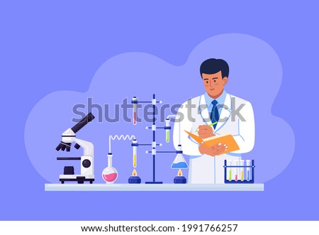Scientist holds a folder in his hands and writes down the test data. Man is experimenting with equipment for vaccine discovery. Microbiologist working on antiviral treatment. Vector illustration