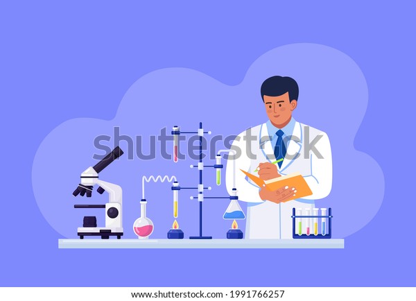 Scientist holds a folder in his hands and\
writes down the test data. Man is experimenting with equipment for\
vaccine discovery. Microbiologist working on antiviral treatment.\
Vector illustration