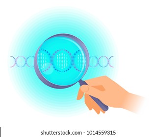 A scientist holds a magnifier and researches DNA helix. Flat vector illustration of human hand holding a magnifying glass and DNA spiral. Science, medical, genetics, laboratory and forensic concept.