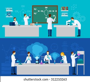 Scientist horizontal banner set with people in chemistry lab isolated vector illustration