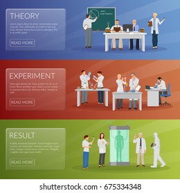Scientist horizontal banners set with theory and experiment symbols flat isolated vector illustration