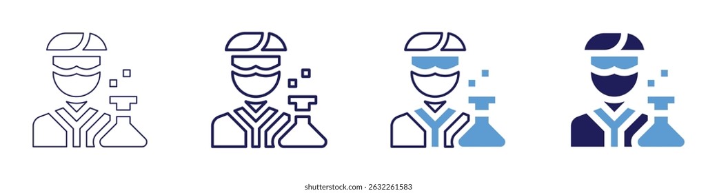Ícone de cientista em 4 estilos diferentes. Linha Fina, Linha, Linha Negrito, Duotônico. Estilo duotônico. Traçado editável.