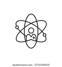 Icono científico con órbita atómica y silueta de persona línea de ciencia en blanco y negro Ilustración vectorial