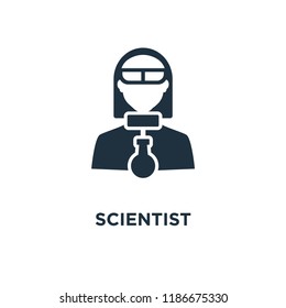 Scientist icon. Black filled vector illustration. Scientist symbol on white background. Can be used in web and mobile.