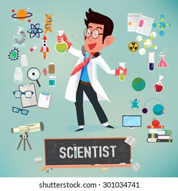 scientist with icon elements of laboratory equipment . scient equipment - vector illustration