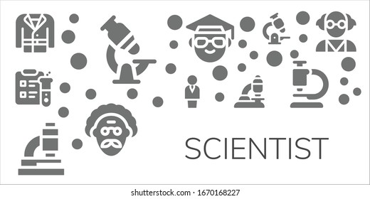 conjunto de iconos de los científicos. 11 iconos llenos de científicos. Incluidos: Abrigo, Microscopio, Ciencia, Químico, Científico, Iconos Locos