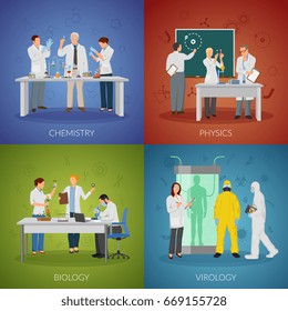 Scientist icons set with physics and virology symbols symbols flat isolated vector illustration 