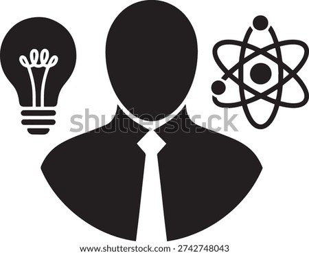 Scientist with Idea and Atom, Simple, White Background, Conceptual