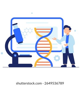 A scientist illustrates DNA structure using a microscope and digital screen in a vibrant, educational scene.