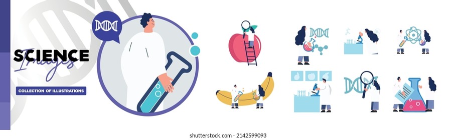 scientist illustrations. megaset. Collection of scenes with men and women working on scientific projects. modern vector style.