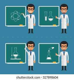 Scientist indicates on chalkboard