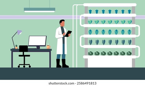 Scientist inspecting vertical farming racks with high tech hydroponic system, exploring sustainable agriculture, smart farming innovations, flat vector illustration design