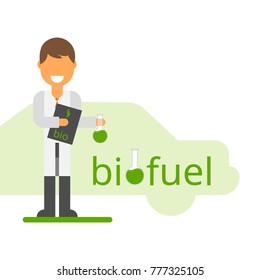 Scientist invented eco-fuel. Vector illustration in a flat style.